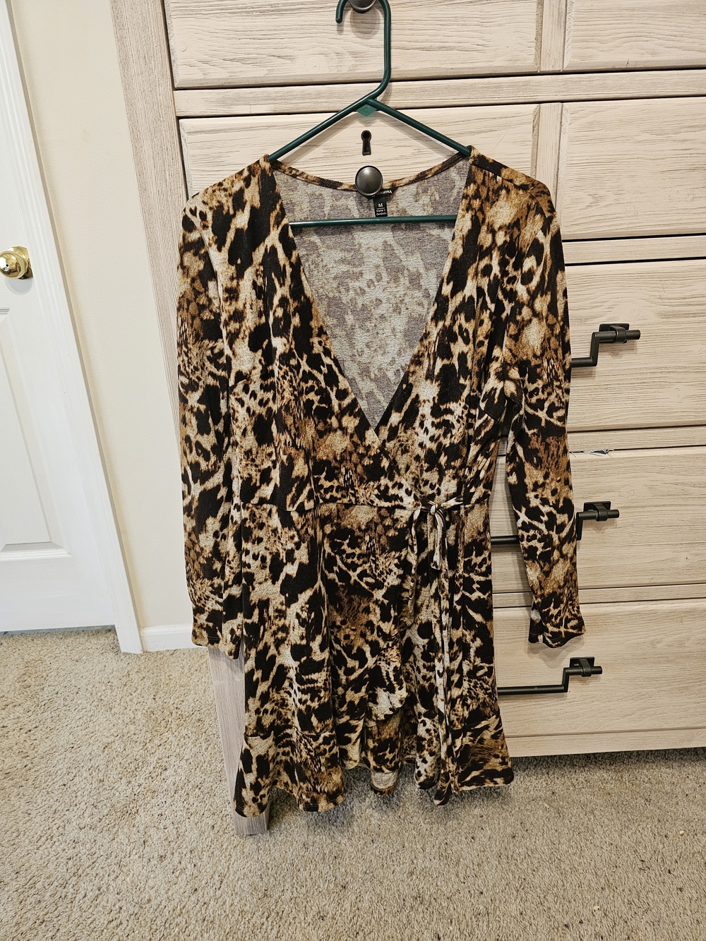 Leopard Print Faux Wrap Dress - Brown & Black